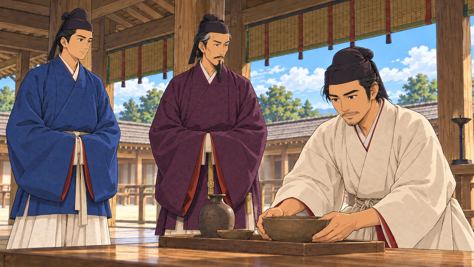 『吉松家物語』より、朝倉の宿所に集まる三人の場面